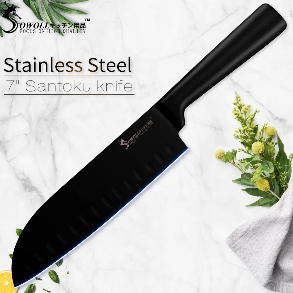 Package E Santoku Sowoll черный кухонный нож набор ножей из нержавеющей стали антипригарный японский профессиональный нож шеф-повара Хлеборезка кухонная принадлежность - Цвет: Package E Santoku