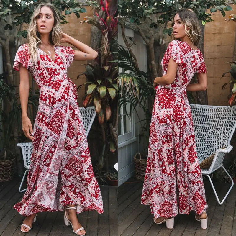 2019 летние Для женщин Boho Цветочные туника с коротким рукавом вечернее пляжное