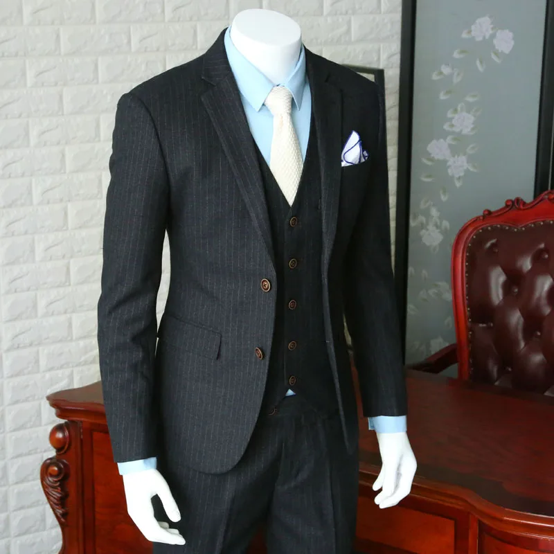 Business Casual Male Suit European style Wedding Suit For Men Grey Stripe Suit Blazer Coat three-piece Prom Mens Suits 365wt20