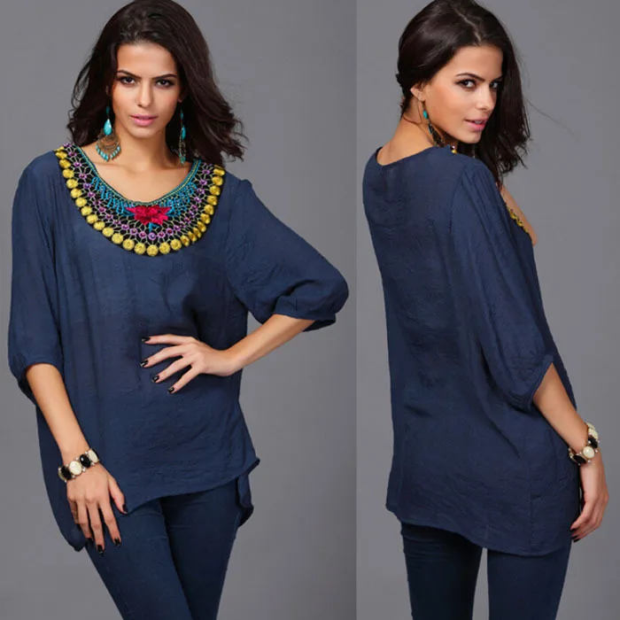 Плюс Размеры женская одежда летние льняные в богемном стиле рубашка с рукавом