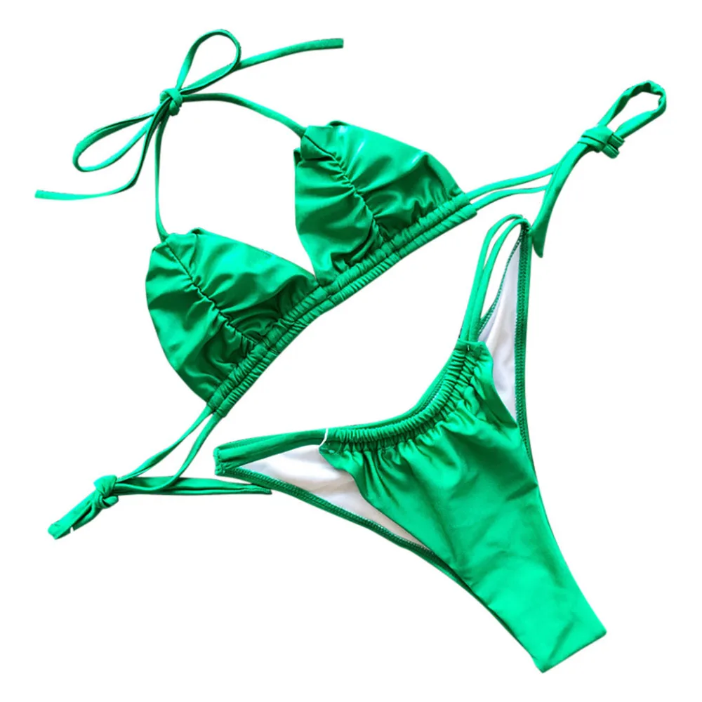 2019 женский однотонный флуоресцентный плиссированный купальник с треугольной