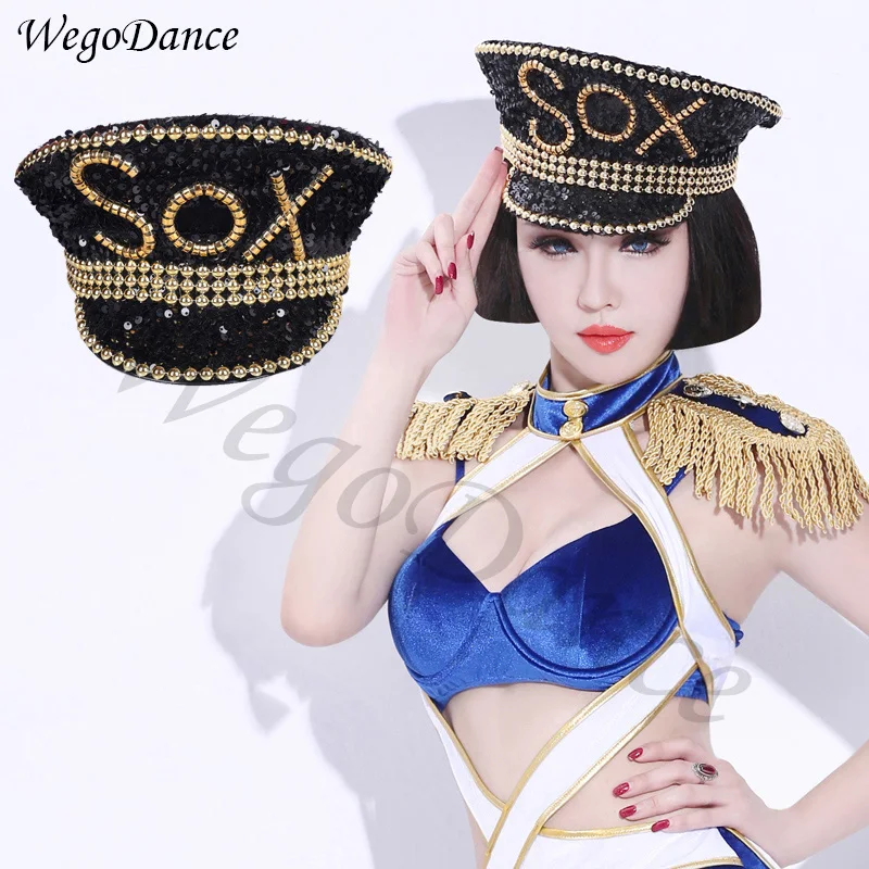 

New style woman Uniform police caps fashion sequins hat stage performance Big Cover Military Hats
