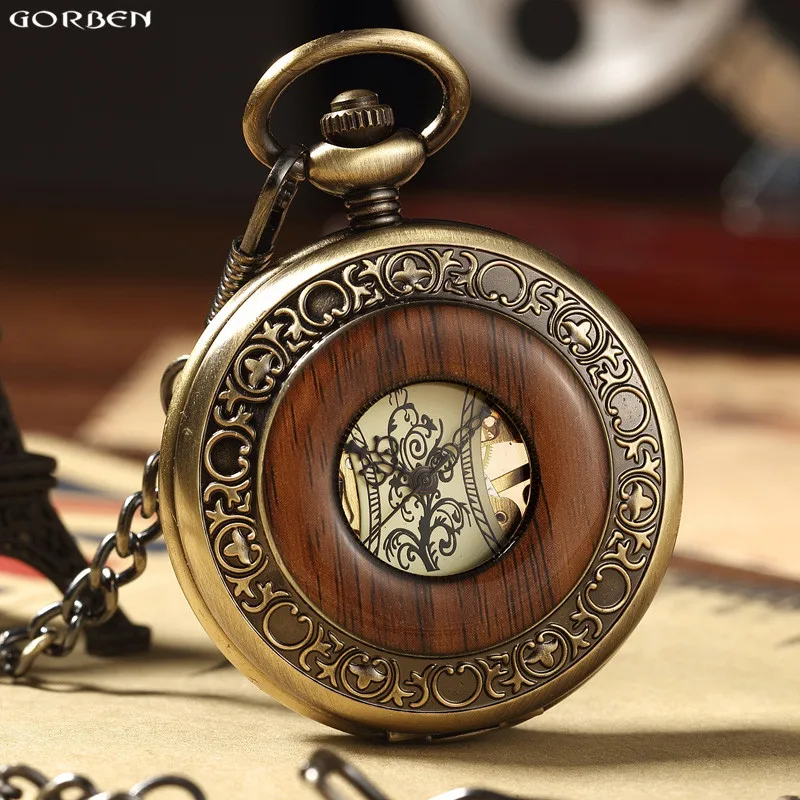 

Hot Retro Luxury Wood Circle Skeleton Pocket Watch Men Women Unisex Mechanical Hand-winding Roman numerals Necklace Watch Gift