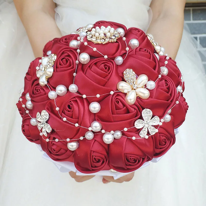 

AYiCuthia wine red with diamonds holding a ribbon ribbon simulation rose decoration bride wedding s158