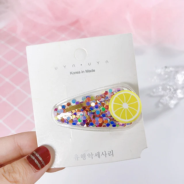 Lemon Новинка; Милые цветные прозрачные заколки с блестками и фруктами для девочек; детские заколки для волос; повязка на голову; заколки; головные уборы; Детские аксессуары для волос - Цвет: Lemon