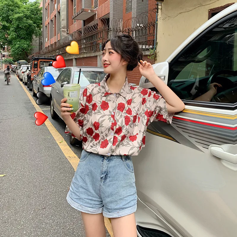 2019 женская летняя Свободная шифоновая блуза рубашки короткий рукав цветочный