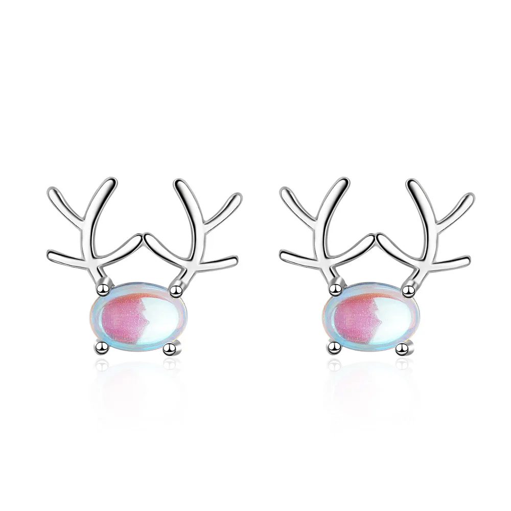 

100% 925 Sterling Silver Elegant Christmas Elk Deer Animal Opal Stone Ladies`Stud Earrings Original Jewelry For Women Gift