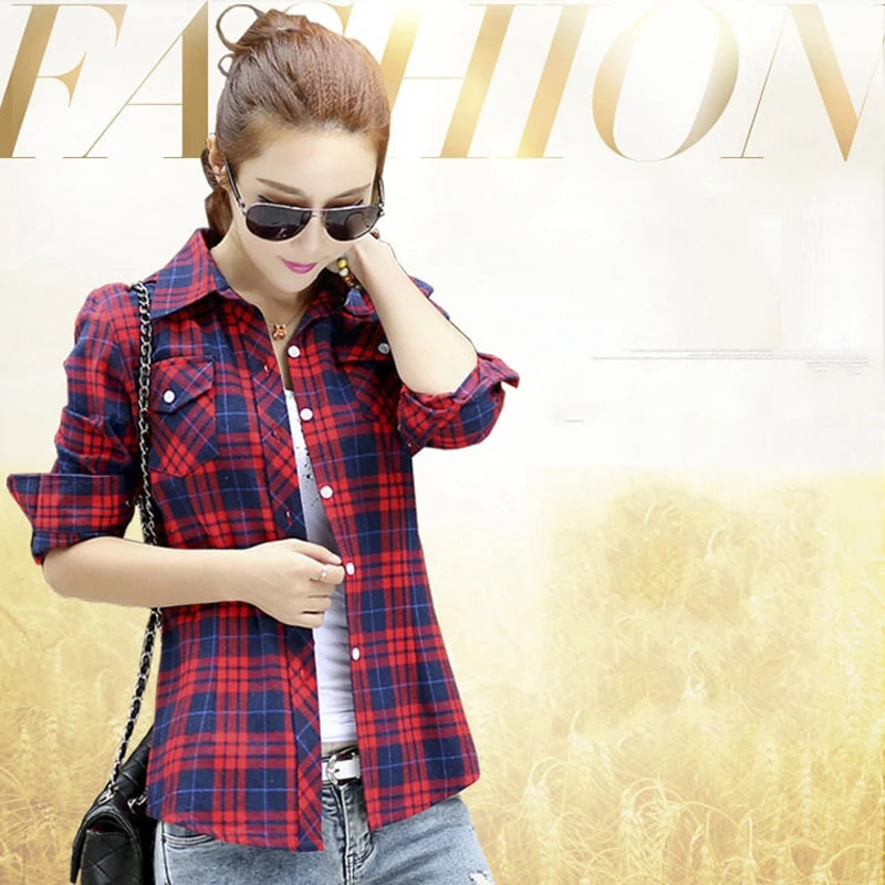 Блузка женская в клетку с отложным воротником и длинным рукавом - купить по