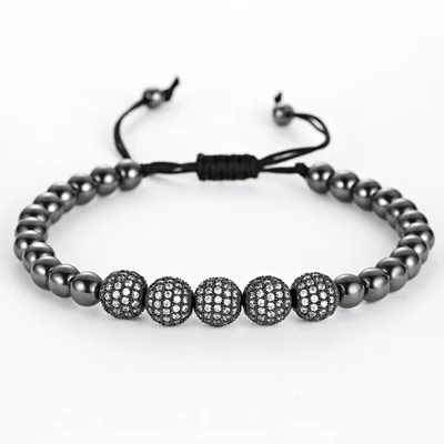 Black Mcllroy мужские браслеты, круглые бусины и 8 мм Micro Pave черные CZ бусины Micro Pave кубического циркония плетение Макраме Браслеты - Окраска металла: Black