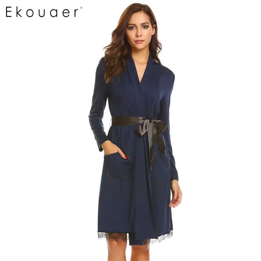 Ekouaer, женские халаты, ночное белье, кружевная отделка, длинный рукав, карманы, кимоно, пижамы, халаты, элегантные, для ванной, спа, халат, Женская домашняя одежда