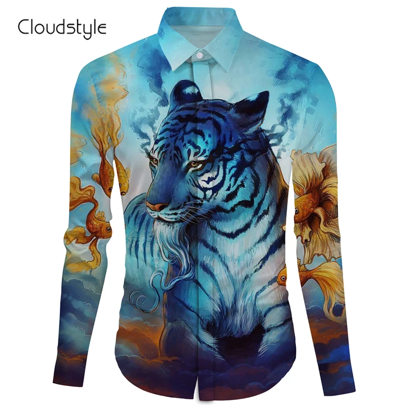 Cloudstyle M 2XL код Ou мужские хлопковые рубашки с тигром рубашка длинными рукавами кунг