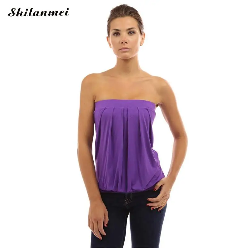 Для женщин без бретелек Плиссированные трубки топ футболка летние молока