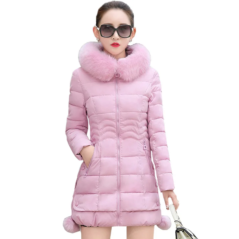 

Женская зимняя куртка с капюшоном, новинка 2019, пальто с меховым воротником, Женская парка, розовая, черная, толстая подкладка с хлопковой под...