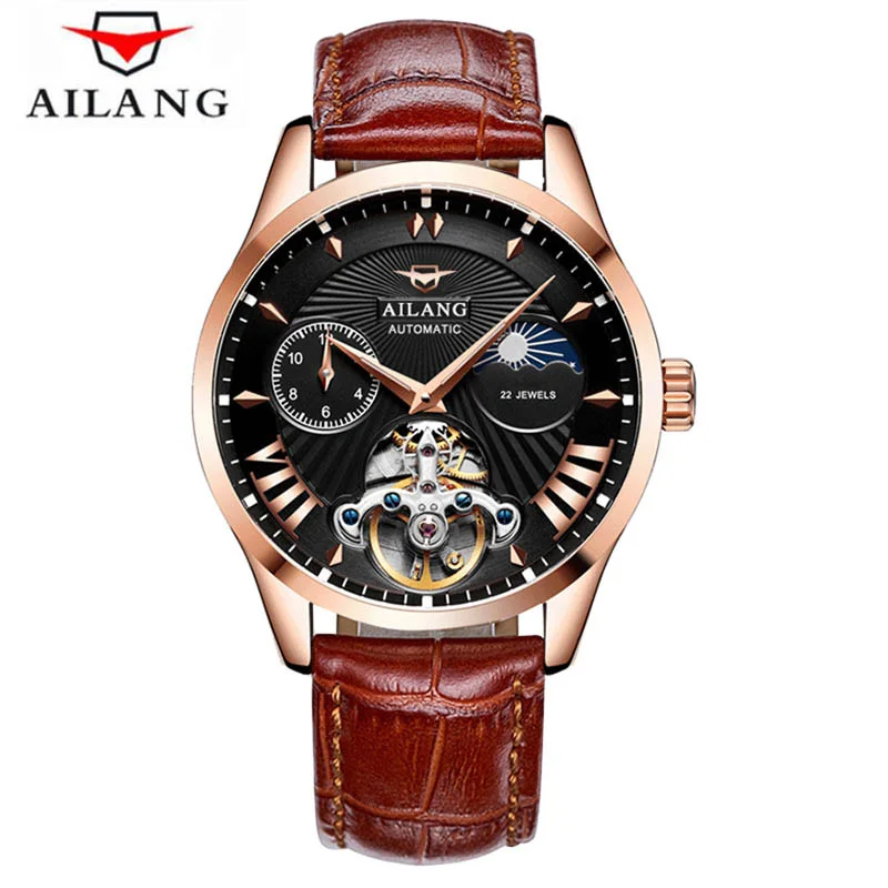 Black Rose gold Роскошные механические часы с каркасом турбийоном, Мужские автоматические Классические Механические наручные часы из розового золота и кожи, Reloj Hombre - Цвет: Black Rose gold