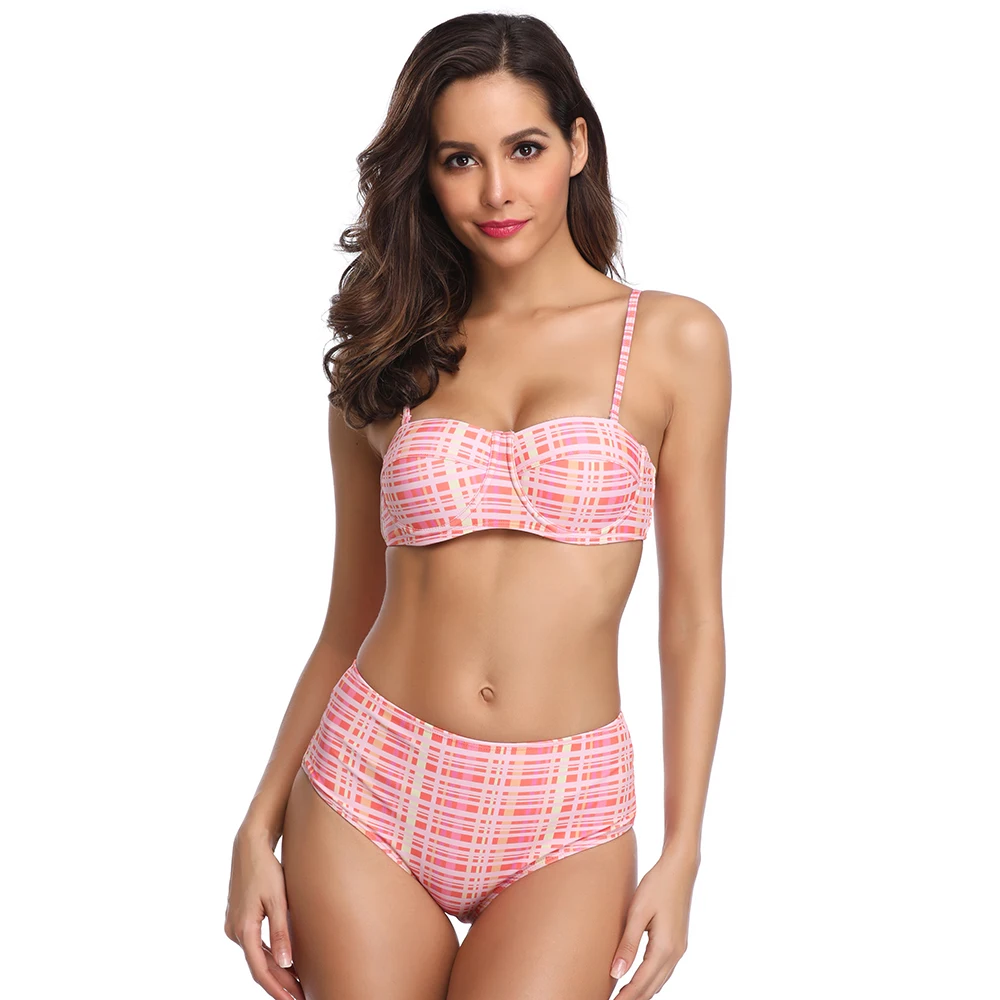 Новинка комплект бикини в клетку женский купальный костюм розовый купальник для
