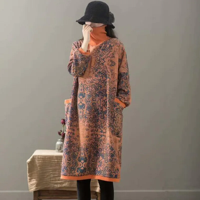 Зимнее платье Ретро стиль женское свободное флисовое плотное теплое новинка