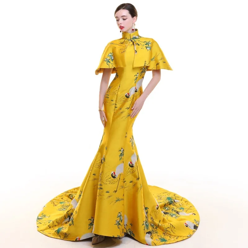 style 1 Желтый китайский вечернее платье с шалью Русалка Вышивка традиционный ченсам свадебное золото Парча Платье Qipao - Цвет: style 1