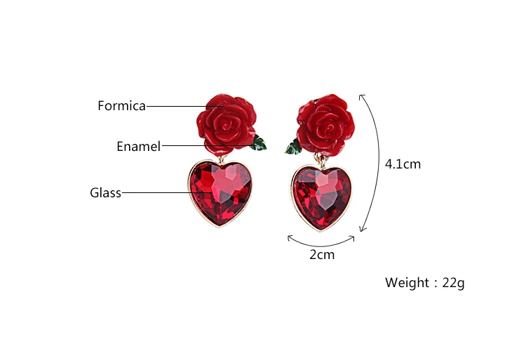 Очаровательные женские серьги подвески с красной розой в форме сердца золотого