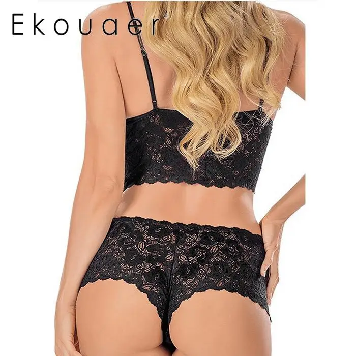 Ekouaer Plus Size Sexy Lace Bra Set Lingerie Two Piece Underwear Spaghetti Strap Transparent Bras Women Sleepwear Suit | Женская одежда