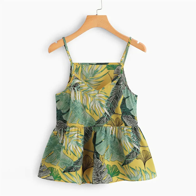 Green Женские Летние Гавайские майки с принтом зеленых листьев, свободные топы, женские летние пляжные вечерние рубашки без рукавов с высокой талией, 90326 - Цвет: Green