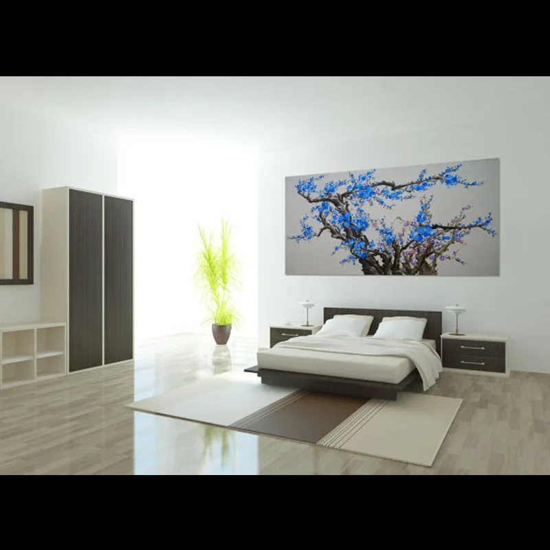 Ручная роспись синяя Цветущая слива цветок дерево картина маслом на холсте