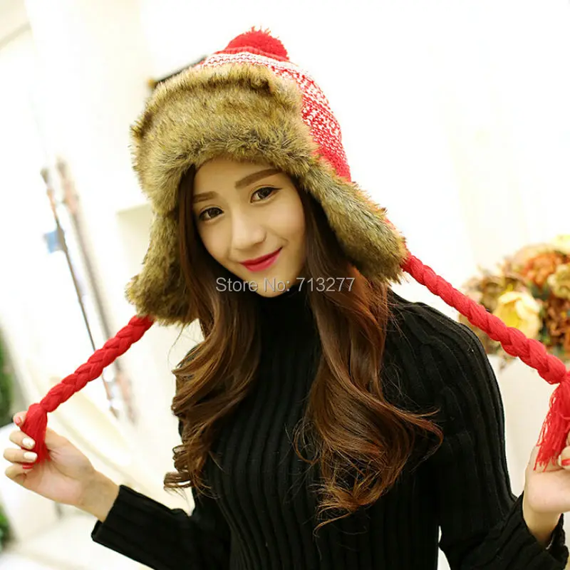 HT408 модные вязаные зимние шапки с ушами женская шапка-бомбер из искусственного