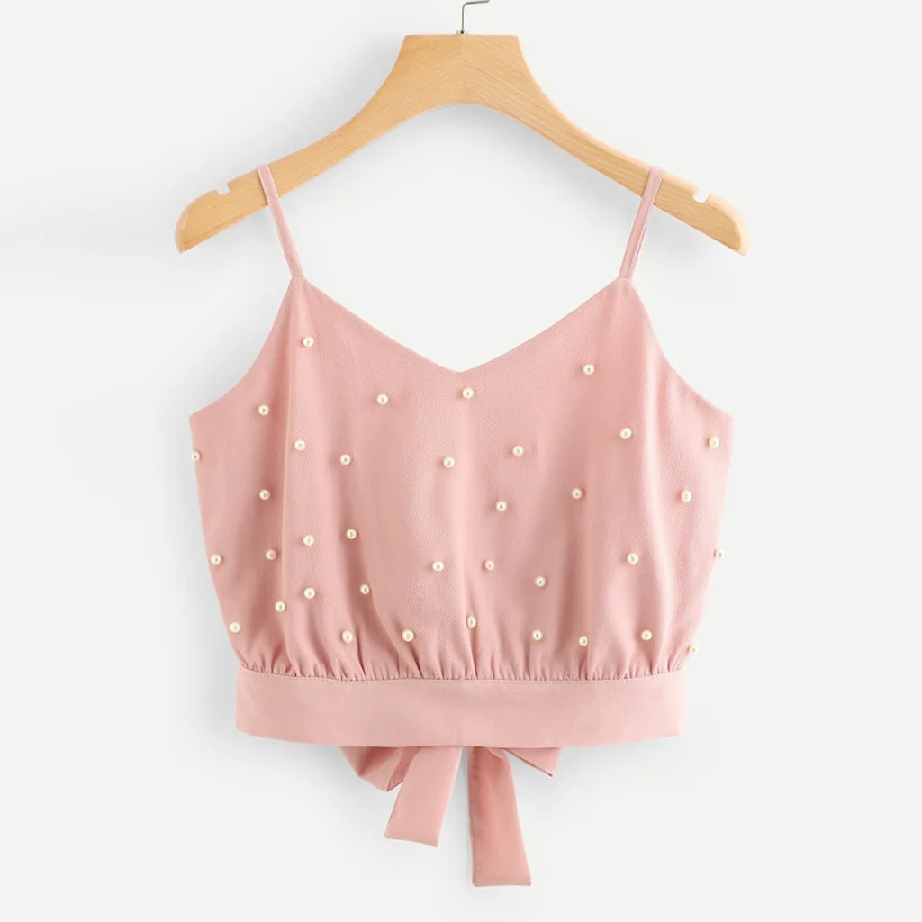 Womens Crop Top Fashion Chiffon Camisole Cropped Feminino Summer Sleeveless Tops Solid Pearl Beading Tank Mujer топ женский |