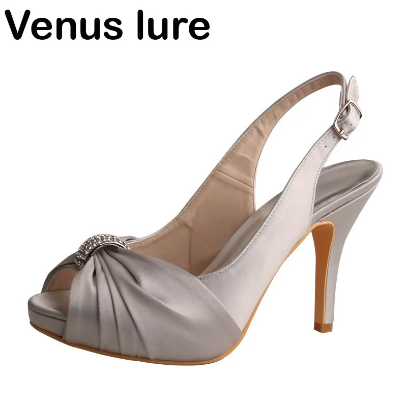 Серая обувь для женщин свадьбы с открытым носком на высоком каблуке сандалии