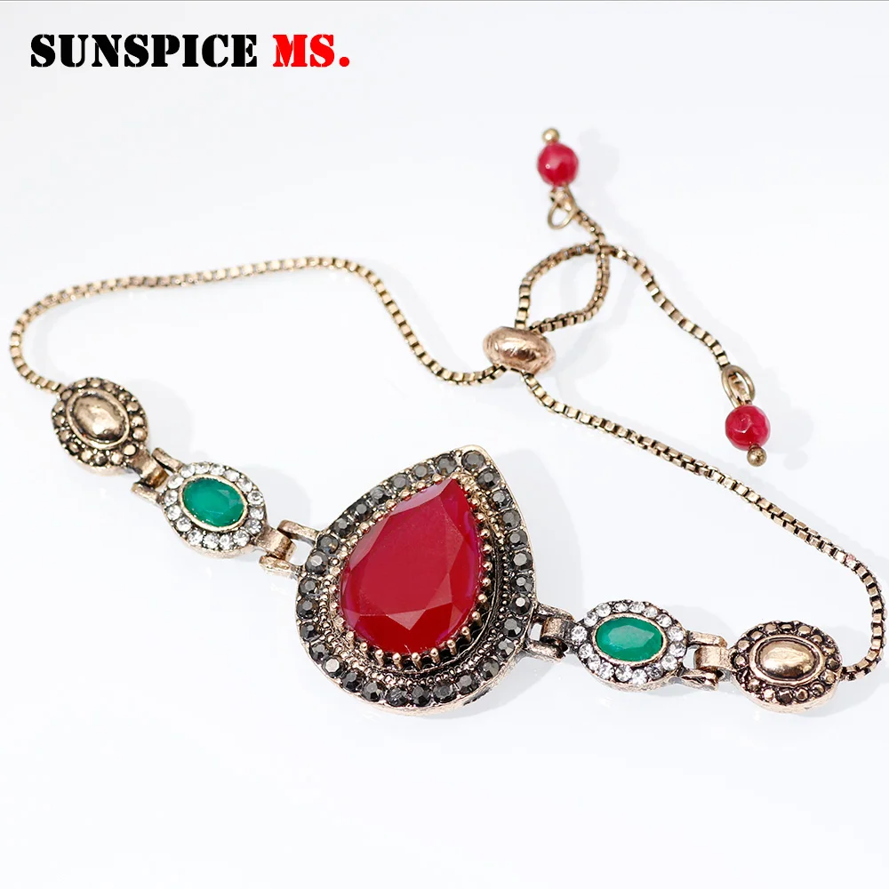 ll0001redgreen SUNSPICE MS ретро золотой цвет горка цепь браслет турецкий Винтаж ювелирные изделия для женщин Свадебные bijoux индийские свадебные цепочка на запястье Новинка - Окраска металла: ll0001redgreen
