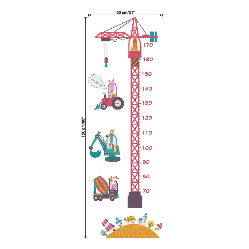 

Cartoon tower crane height measurement wall stickers for baby room cute kawaii kids wall decals children bedroom wall mural