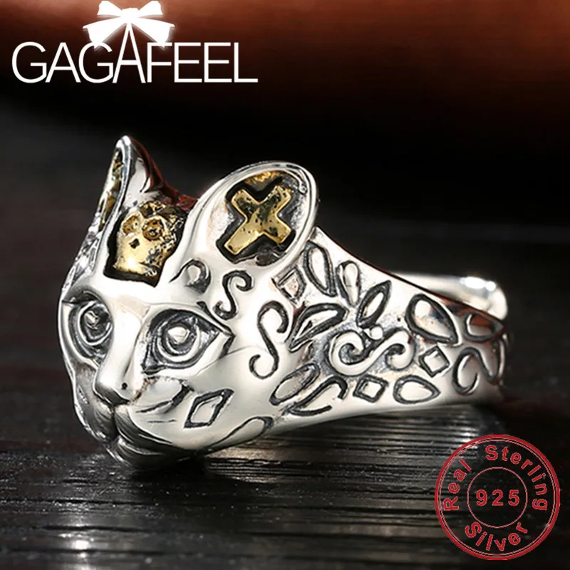 

GAGAFEEL 100% Real 925 Sterling Silver Jewelry Retro Cat Finger Rings for Women Men Party Gifts Animal Ring Resizable Drop Ship