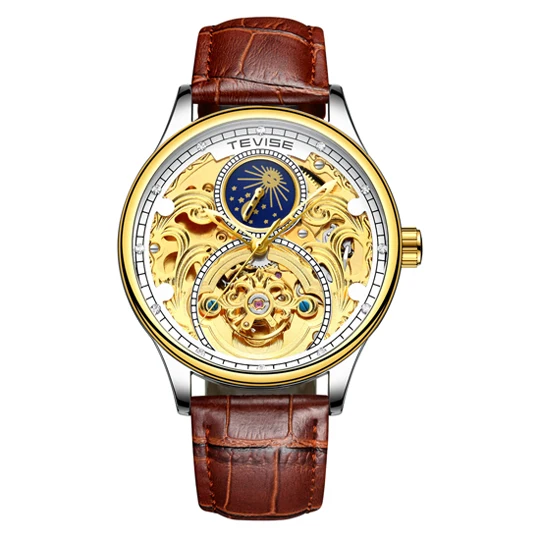 brown gold white Tevise Мужские автоматические механические часы для мужчин водонепроницаемые часы из натуральной кожи Relogio Masculino деловые мужские часы - Цвет: brown gold white