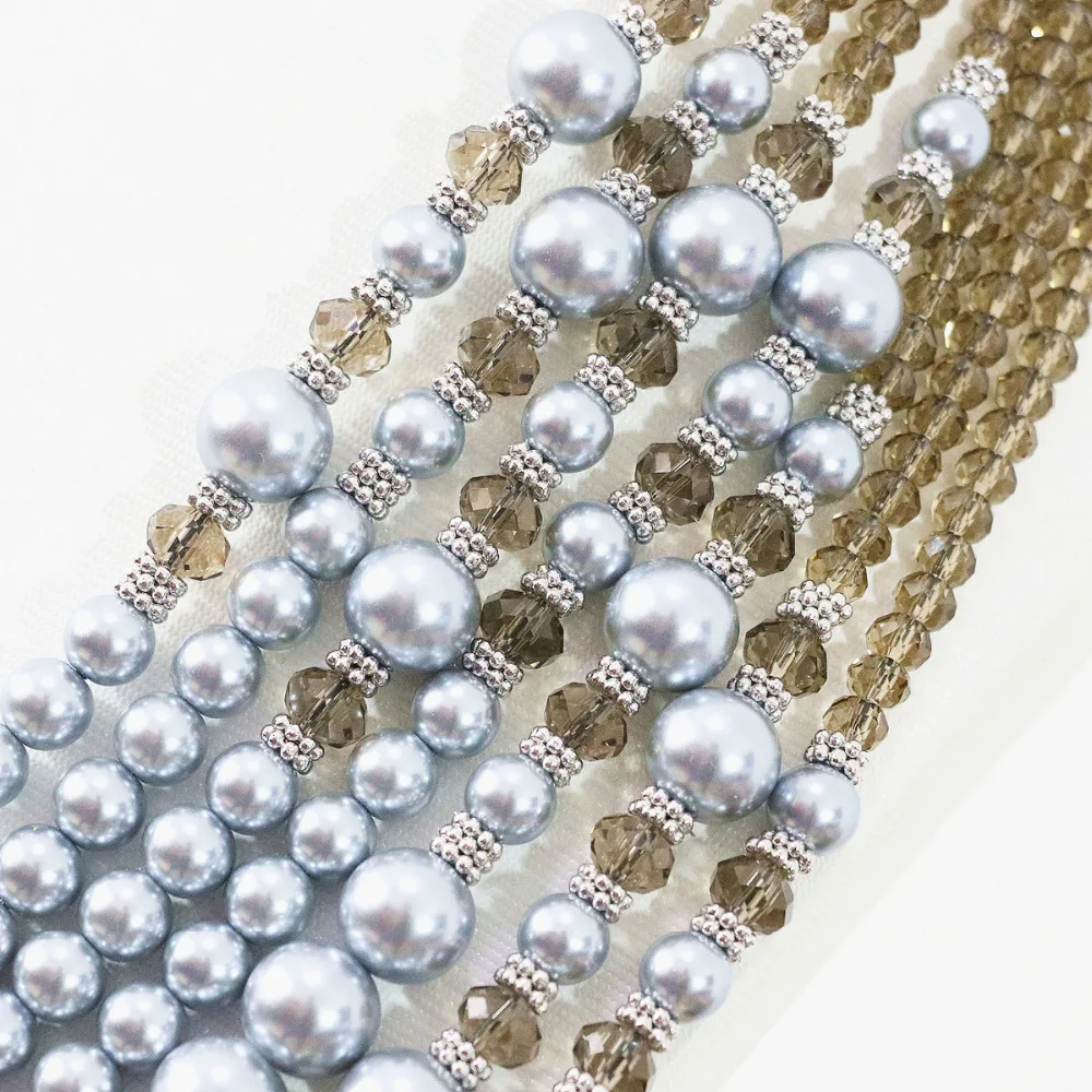 Свежий серый 7 рядов Элегантное ожерелье серьги круглая искусственная раковина