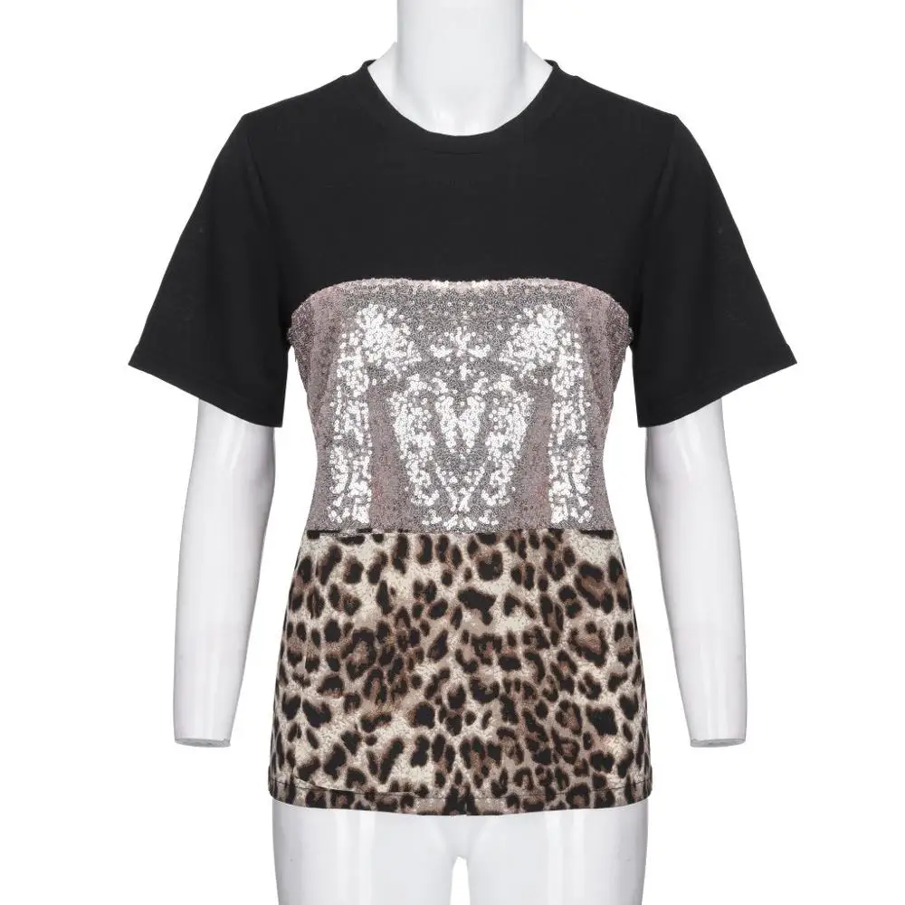 Женская футболка с леопардовым принтом и пайетками женская летняя Новинка 2019