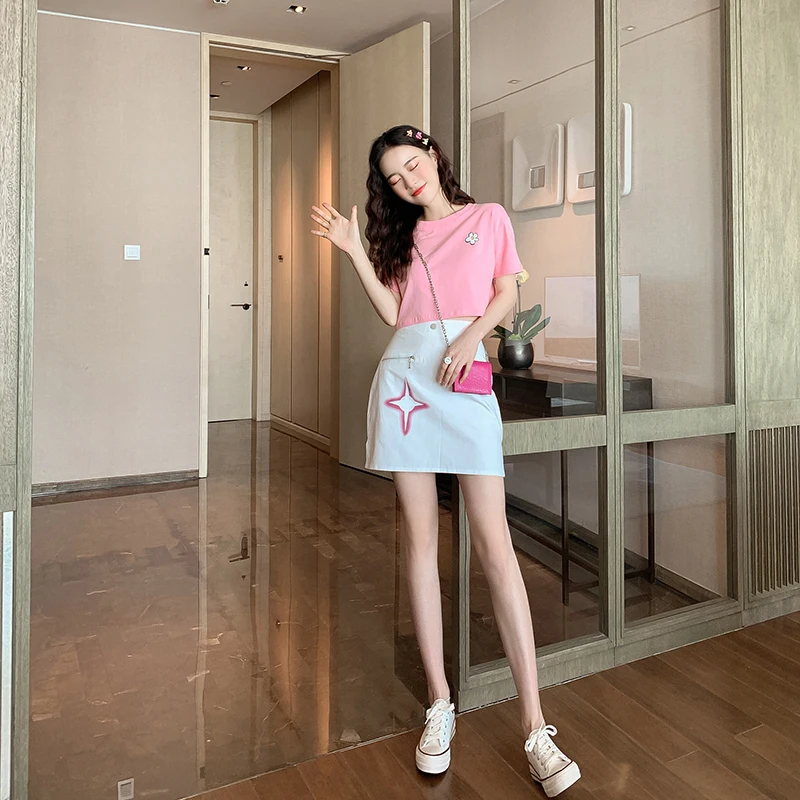 Розовые комплекты Новинка лета 2019 футболка с короткими рукавами для девочек юбка