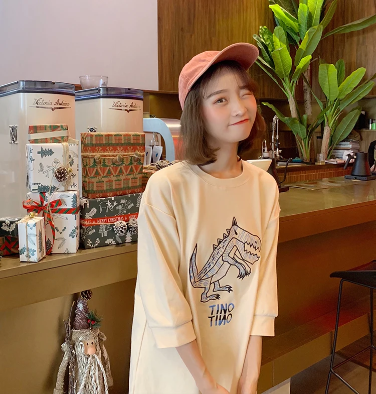 Для женщин футболки Harajuku Ulzzang студент свободные Повседневное динозавра футболка