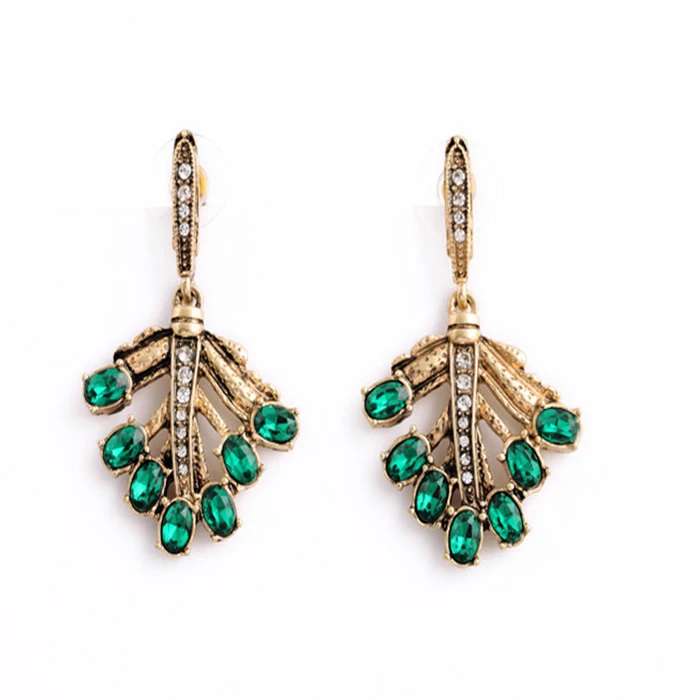 Qda27 2 старинные позолоченные роскошный зеленый кристалл оставляет ювелирных