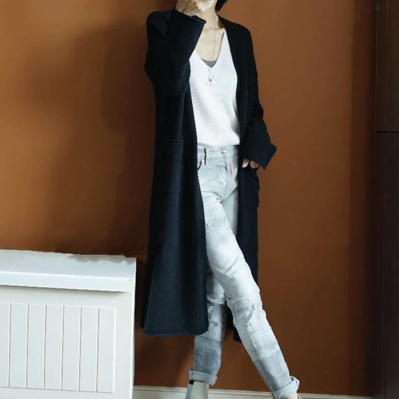 New fashion spring and autumn women's sweater cardigan long section design solid color simple loose knitted jacket cardi |
