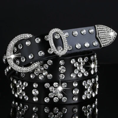 Black 2.8cm Черные джинсы из натуральной кожи, ремни, женские ремни с пряжкой, роскошные ремни со стразами для женщин, женские ремни с заклепками из воловьей кожи - Цвет: Black 2.8cm