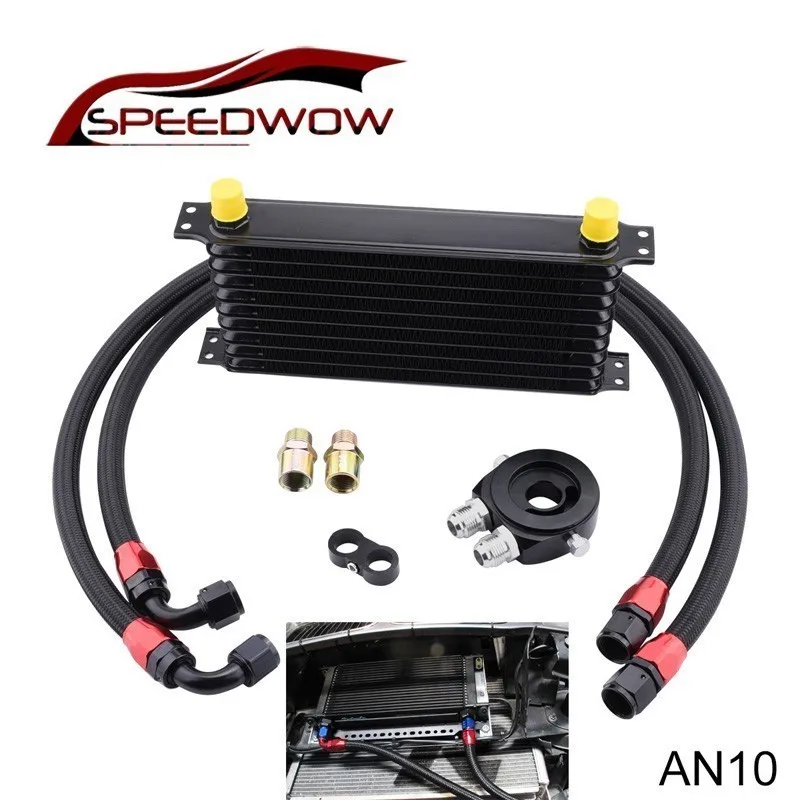 SPEEDWOW 10Row AN10 Aluminum Engine Transmission Oil Cooler Kit+Oil Filter Relocation Kit +Seprator Divider Clamp+Fuel Hose Line |