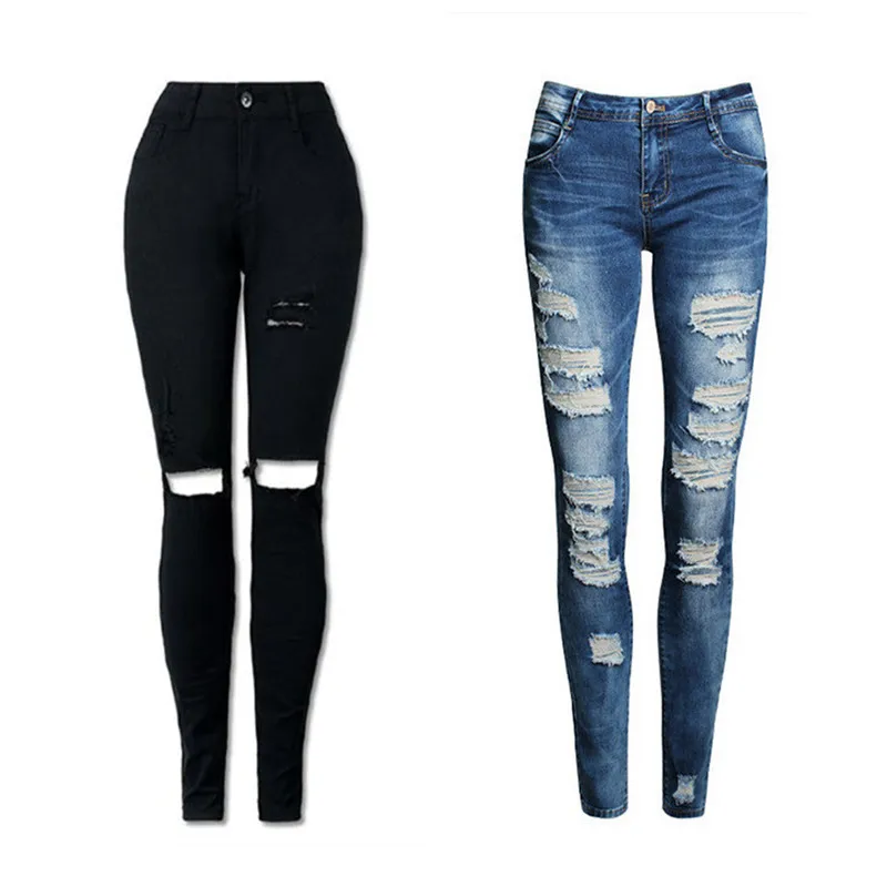 Ladies hole high elastic denim trousers vintage worn old Denim Skinny Pants High Waist Stretch Jeans Full Length 5.30 | Женская одежда