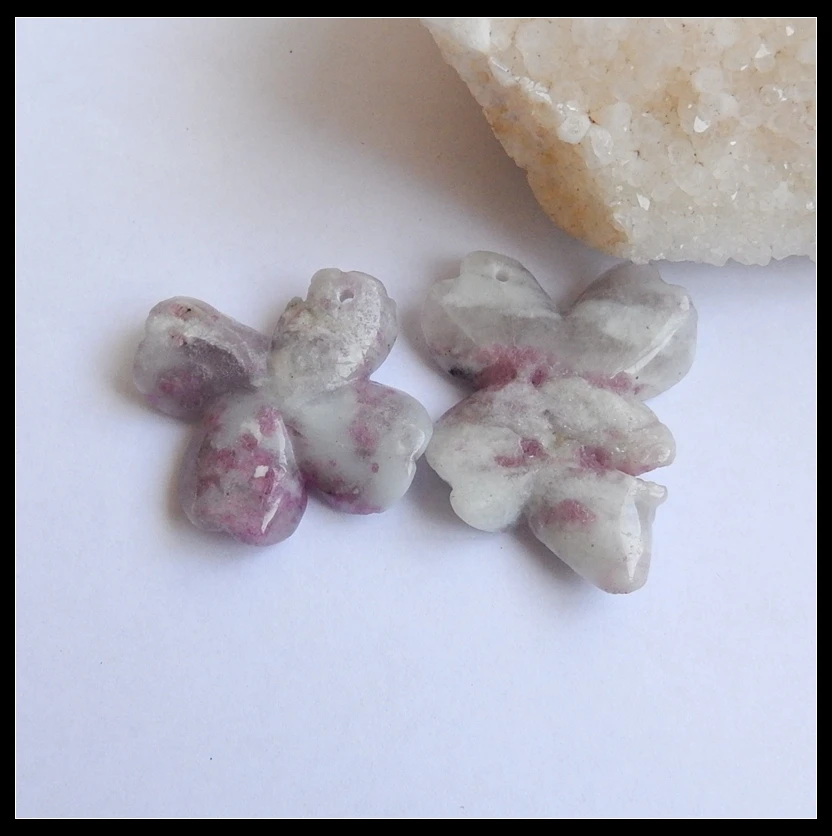 Wholesale 2Pcs Hot Sale Natural Stone Pink Tourmaline Carved Flower Front Drilled Necklace Pendants 38x37x7mm 47x41x7mm 23.22g