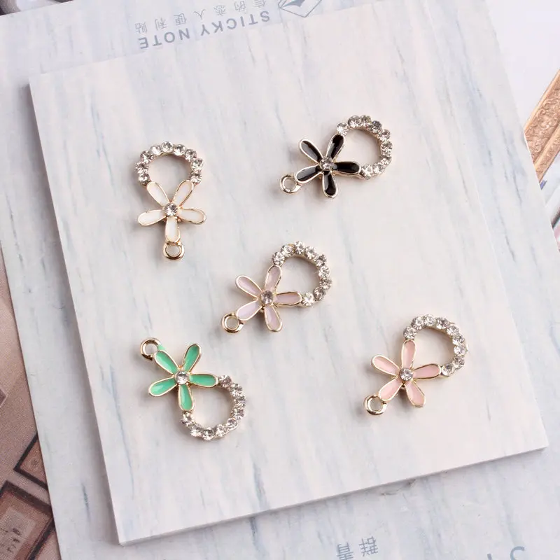 

10PCS/Lot Fashion Jewelry Zinc Alloy Mixed Color Oil Drop Flower With Crystal Metal Enamel Charm Pendants For Jewelry Making