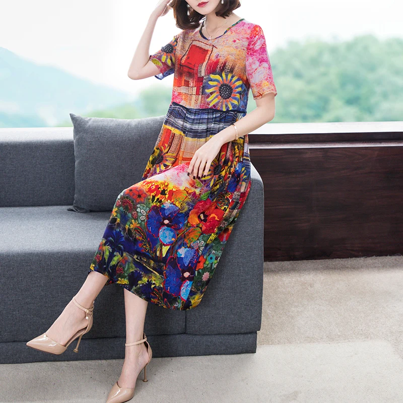 

New 2019 Spring Summer Dress Women's Loose Printed Imitate Real Silk Dresses Elegant Round Neck Short Sleeve Dresses