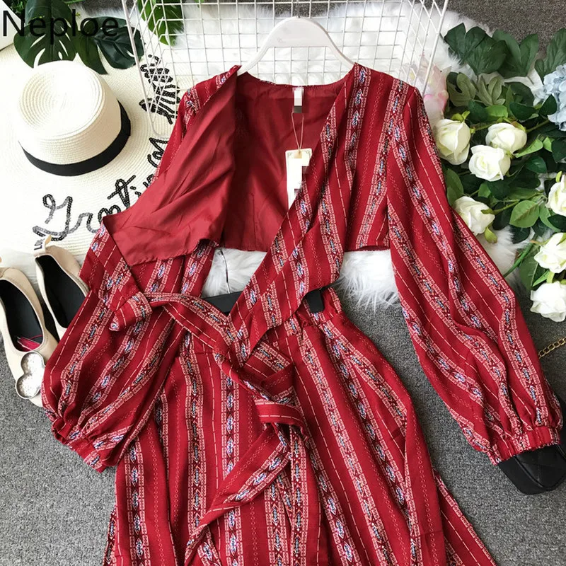 Neploe Bohemian Print Women Two Piece Set V-Neck Long Sleeve Shirts+Zipper Fly High Waist Full Pants Fashion Suits 44776 |