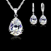 solid 925 sterling silver water drop austria crystal pendant necklace earring jewelry set for women wedding engagement
