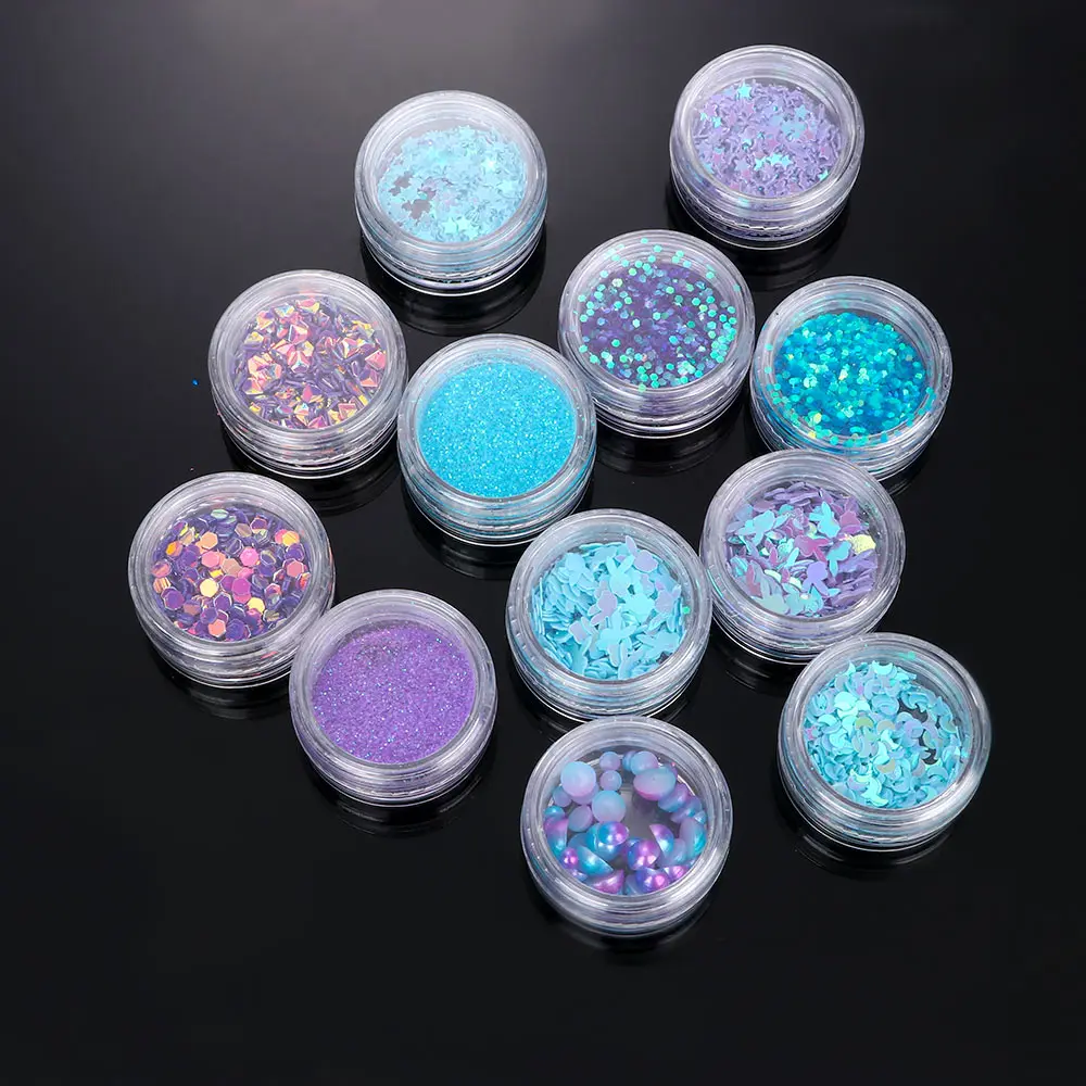 12 коробок для дизайна ногтей Фольга порошок блестки розовый фиолетовый микс