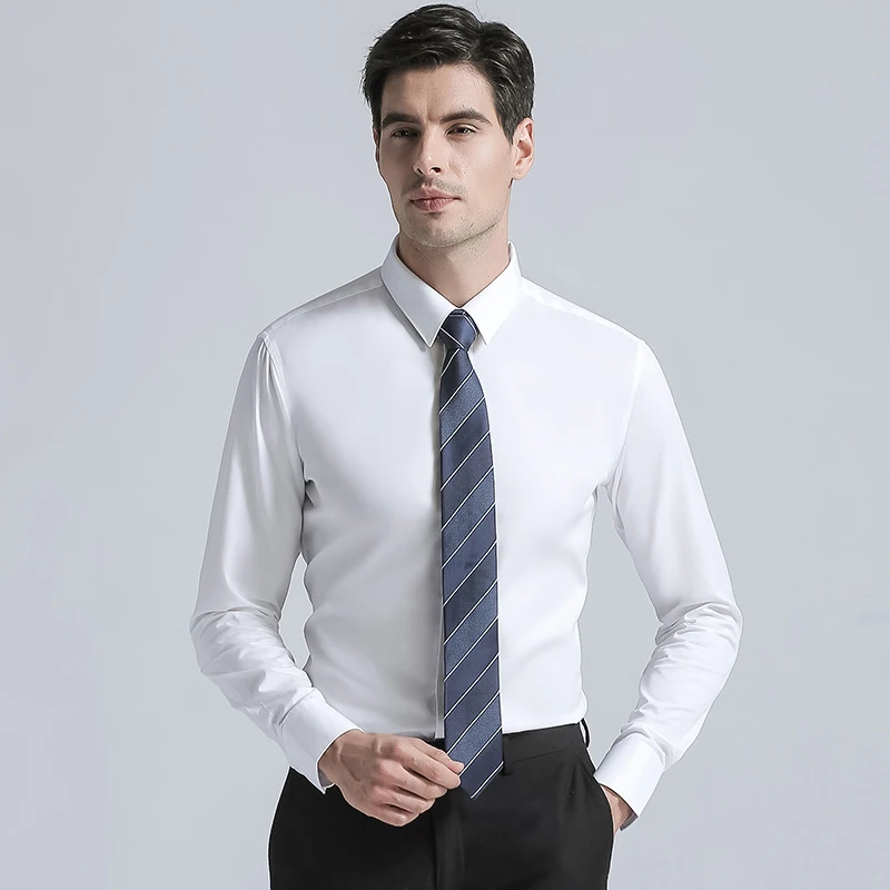 Top Quality Men's Cotton Blend Shirts Solid Color Long Sleeve Business Suits Shirts Brands New Regular Fit Formal Shirts White