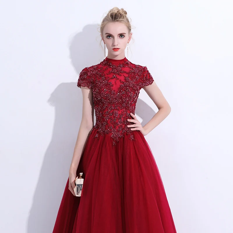 SSYFashion New Huxury Beading Long Prom Dress Elegant Wine Red High-neck Floor-length Evening Party Formal Gown Robe De Soiree | Свадьбы и