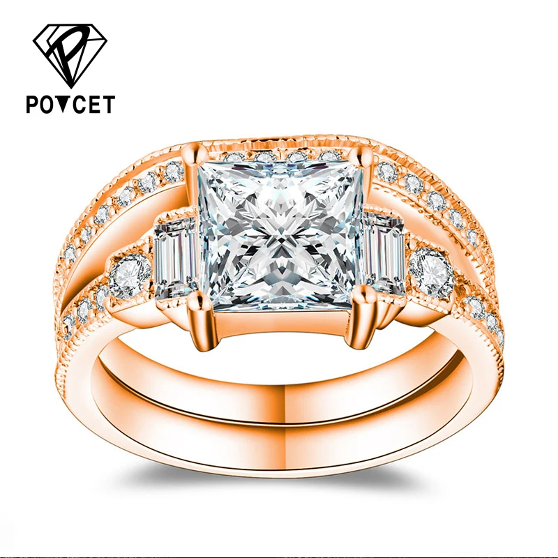 POTCET White Gold Color Rings for Women Wedding Geometric Square AAA Zircon Trendy Romantic Jewelry Bague Bijoux Size 6-10 R1124 | Украшения